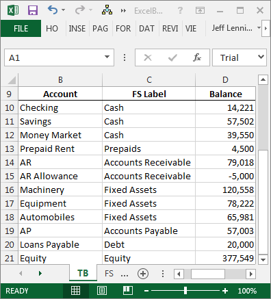 Excel Trial Balance with report label mapping