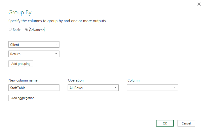 Group by command, similar to adding Client and Return into the PivotTable Rows layout area