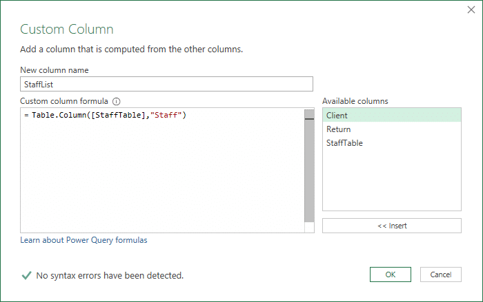 Custom function to create a list of text values