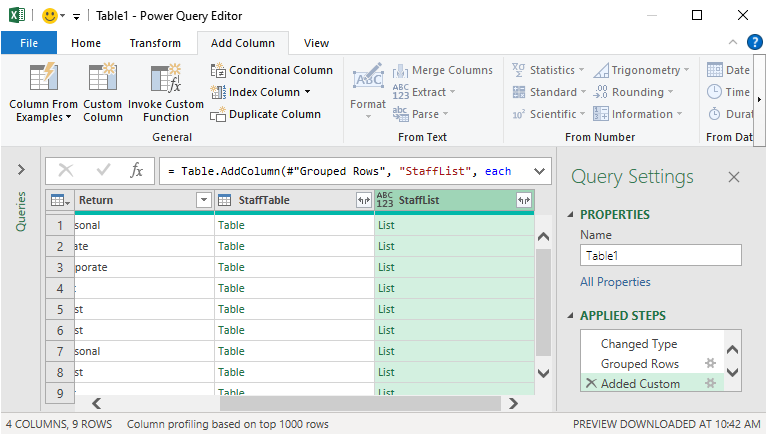 Resulting list of text values for the staff column