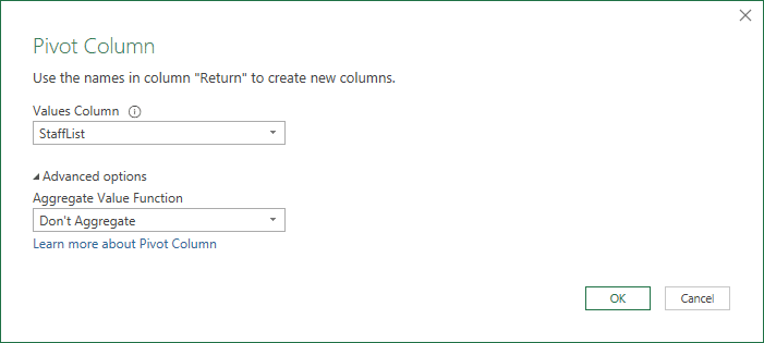 Pivot Column command, similar to placing Client in the PivotTable Rows layout area, Return in the PivotTable Columns layout area, and StaffList in the Values layout area