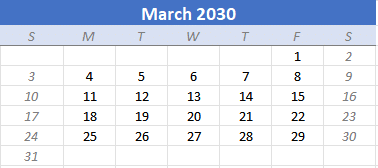 Excel calendar for March