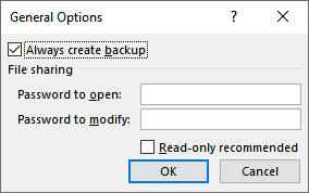 Backup dialog box that shows how to recover excel file not saved option