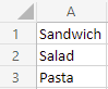 Drop down menu items salad, sandwich, and pasta