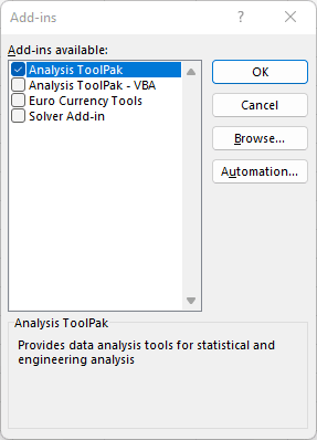 Analysis toolpak menu for a frequency distribution in Excel