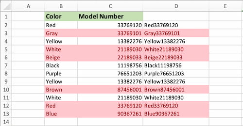 Spreadsheet with Color and Model Number columns next to a column with merged values