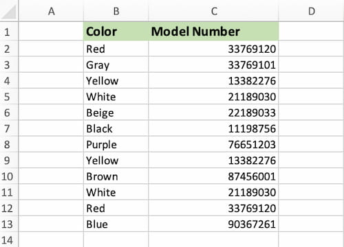 Spreadsheet with Color and Model Number columns