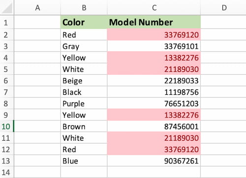 Spreadsheet with Color and Model Number that shows how to highlight duplicates in Excel