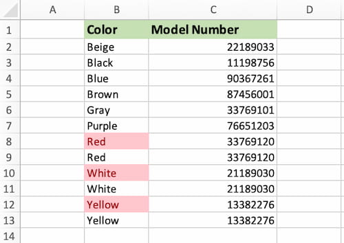 Spreadsheet with Color and Model Number columns with duplicate colors highlighted