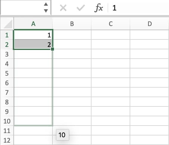 Filling in a list of numbers using the Excel fill handle
