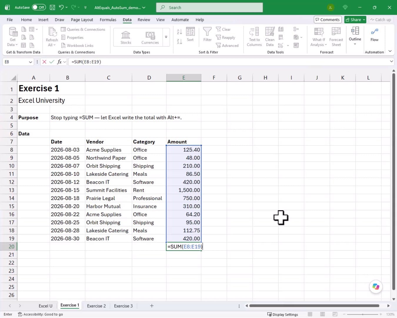 Cell E20 showing the manually typed =SUM(E8:E19) formula in the formula bar with the range highlighted in blue.