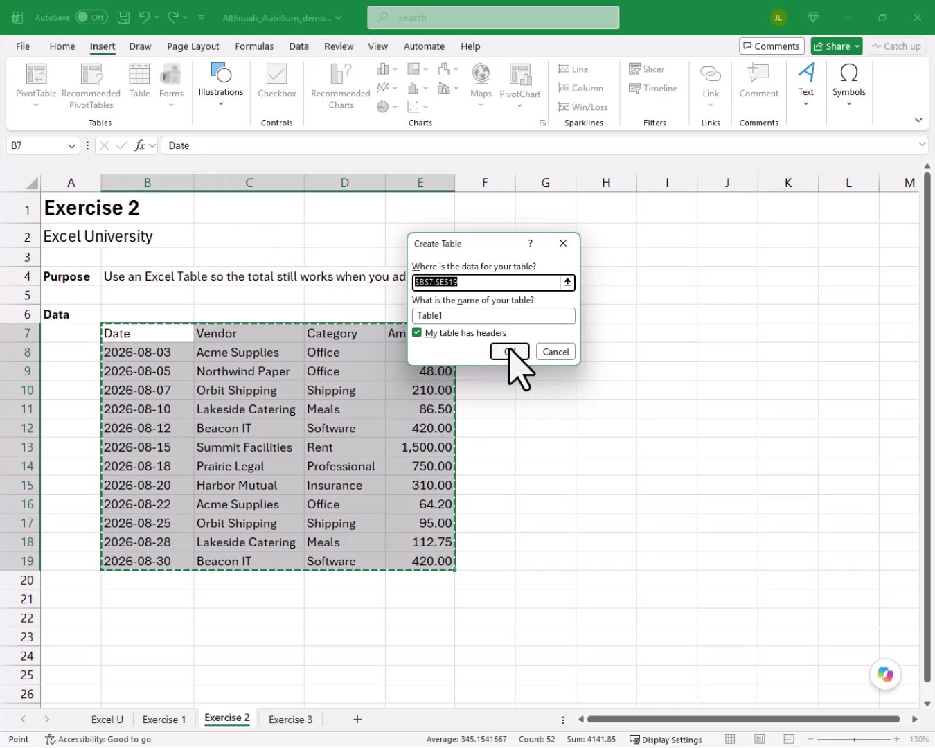 Create Table dialog box open with the range $B:$E entered and the My table has headers checkbox checked.