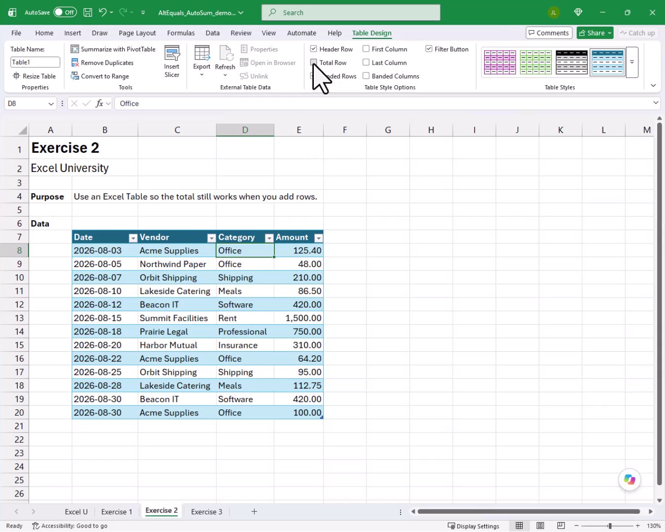 Table Design ribbon with the cursor hovering over the Total Row checkbox, and a new row added at the bottom of the Table showing an additional entry for Acme Supplies.