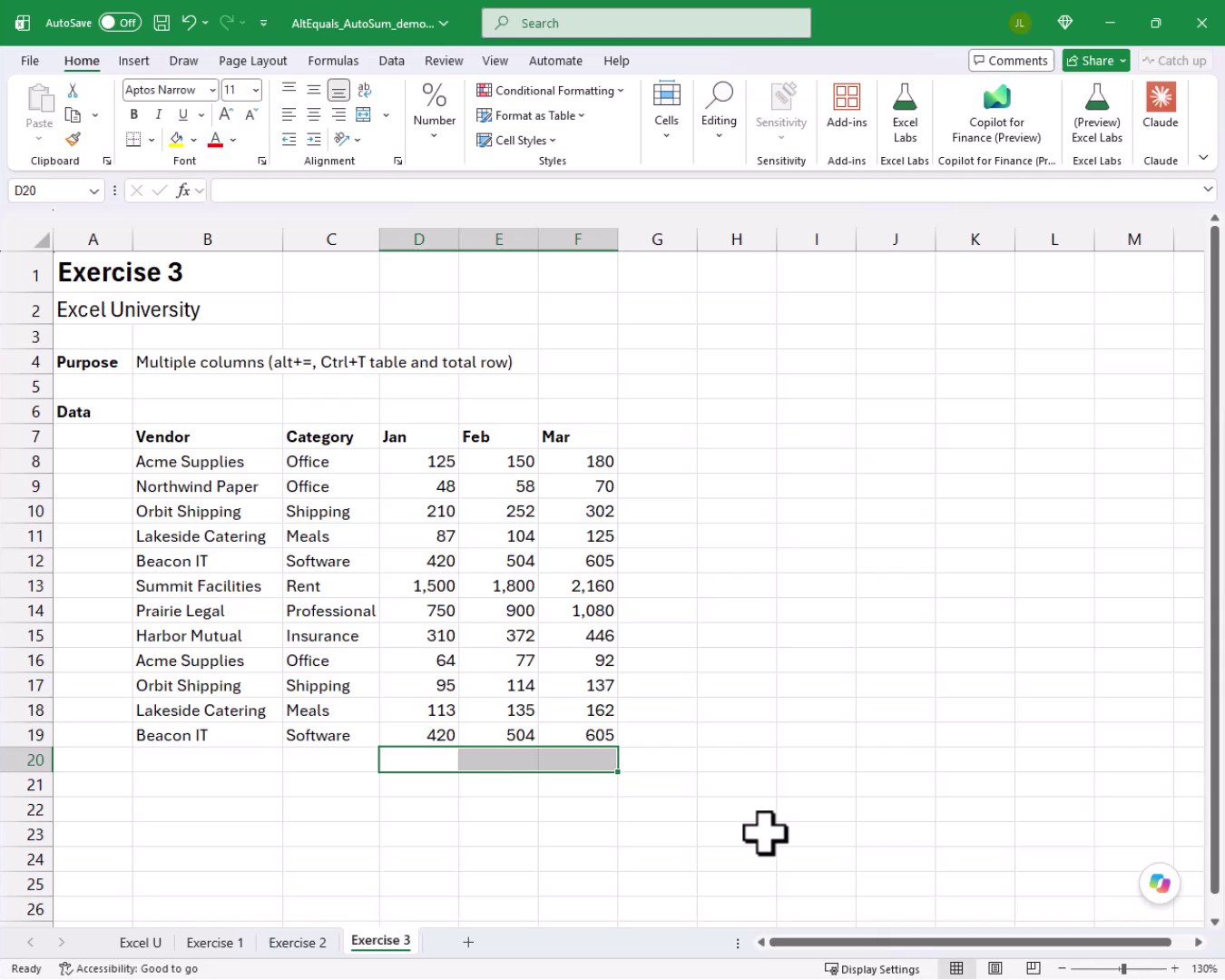 Exercise 3 worksheet showing expense data with Vendor and Category columns followed by three numeric columns labeled Jan, Feb, and Mar, with an empty row 20 selected across all three amount columns.