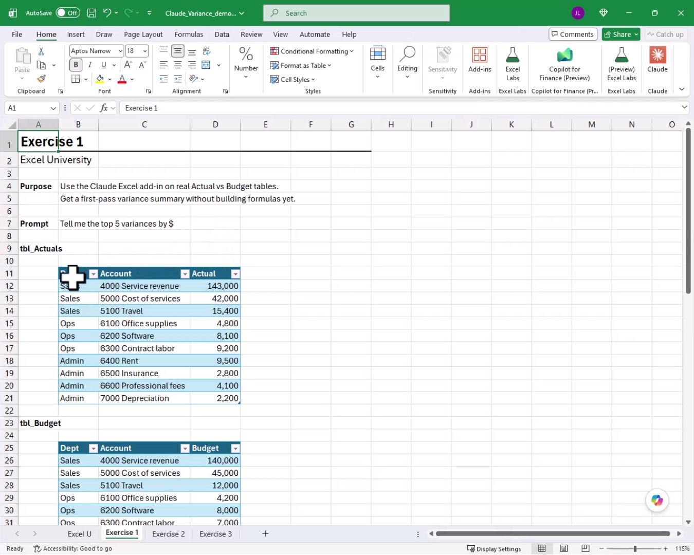 Exercise 1 worksheet showing tbl_Actuals and tbl_Budget tables with account-level data as the starting point for variance analysis.