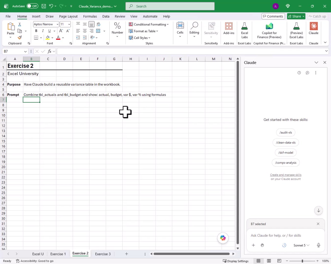 Exercise 2 blank worksheet with a prompt asking Claude to combine tbl_actuals and tbl_budget into a reusable variance table using formulas.