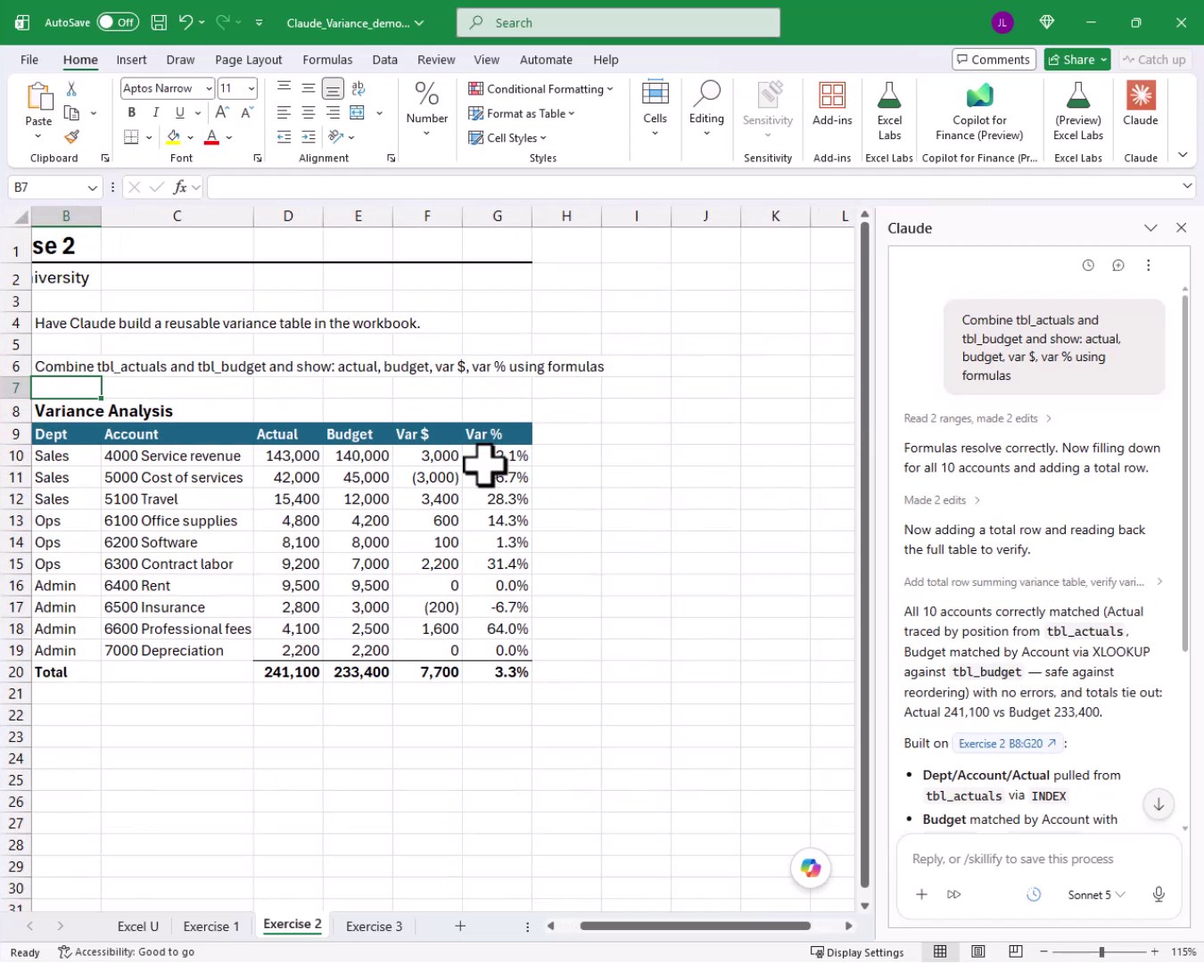 Exercise 2 worksheet with a completed Variance Analysis table showing Dept, Account, Actual, Budget, Var $, and Var % columns populated by Excel formulas.