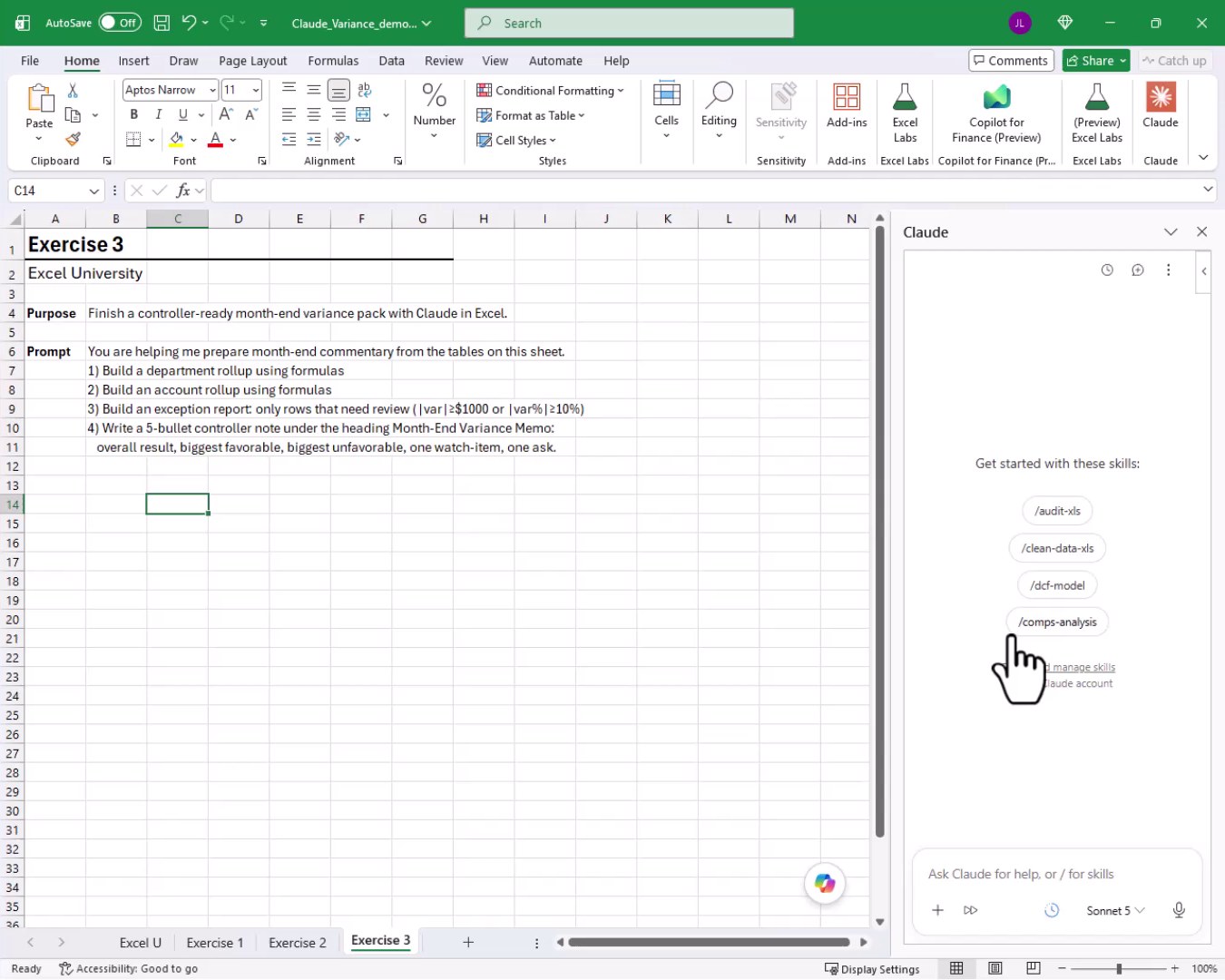 Exercise 3 worksheet showing a multi-part prompt asking Claude to build a department rollup, account rollup, exception report, and a 5-bullet month-end memo.