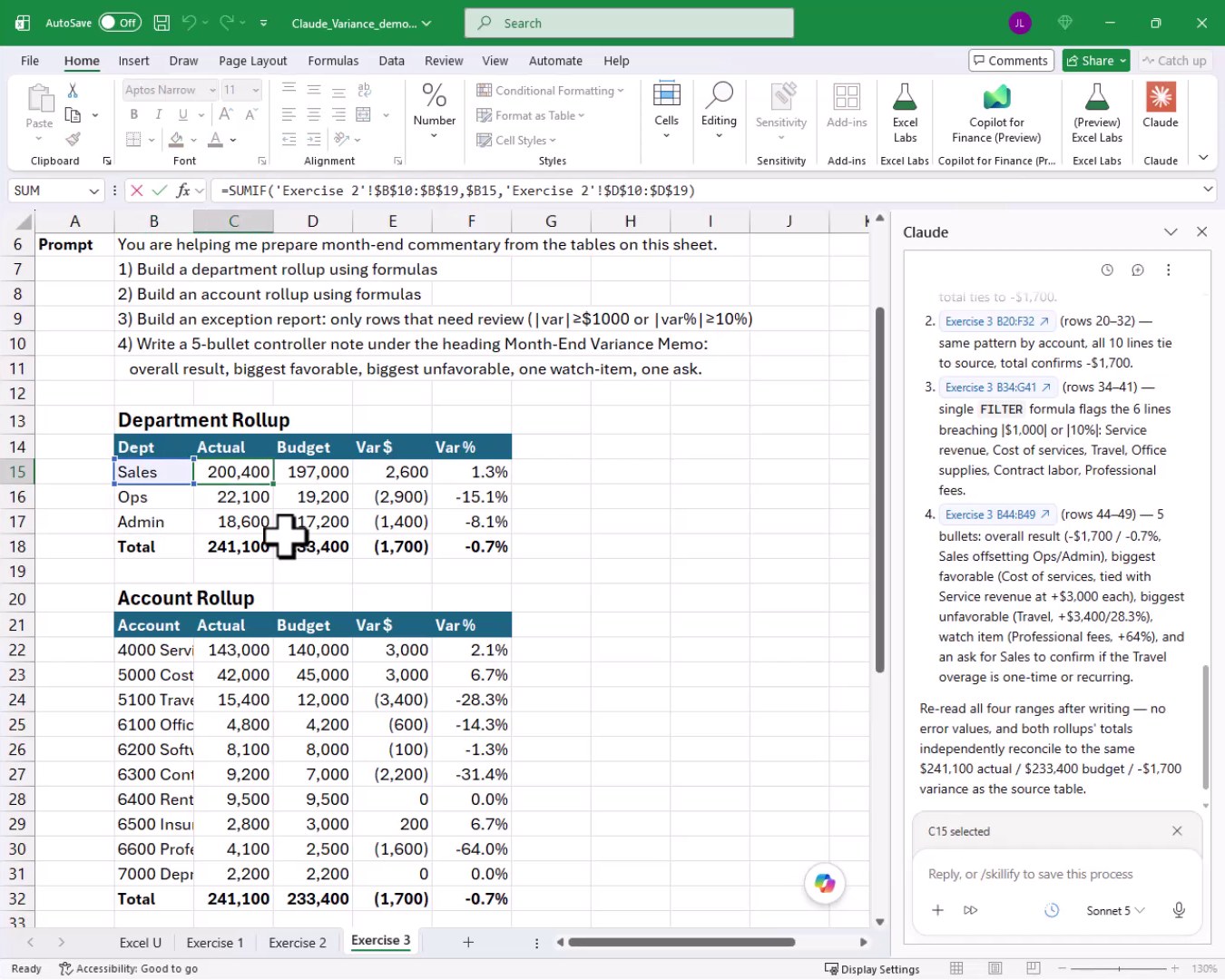 Exercise 3 worksheet with a Department Rollup table summarizing Actual, Budget, Var $, and Var % by Sales, Ops, and Admin departments using SUMIFS formulas.