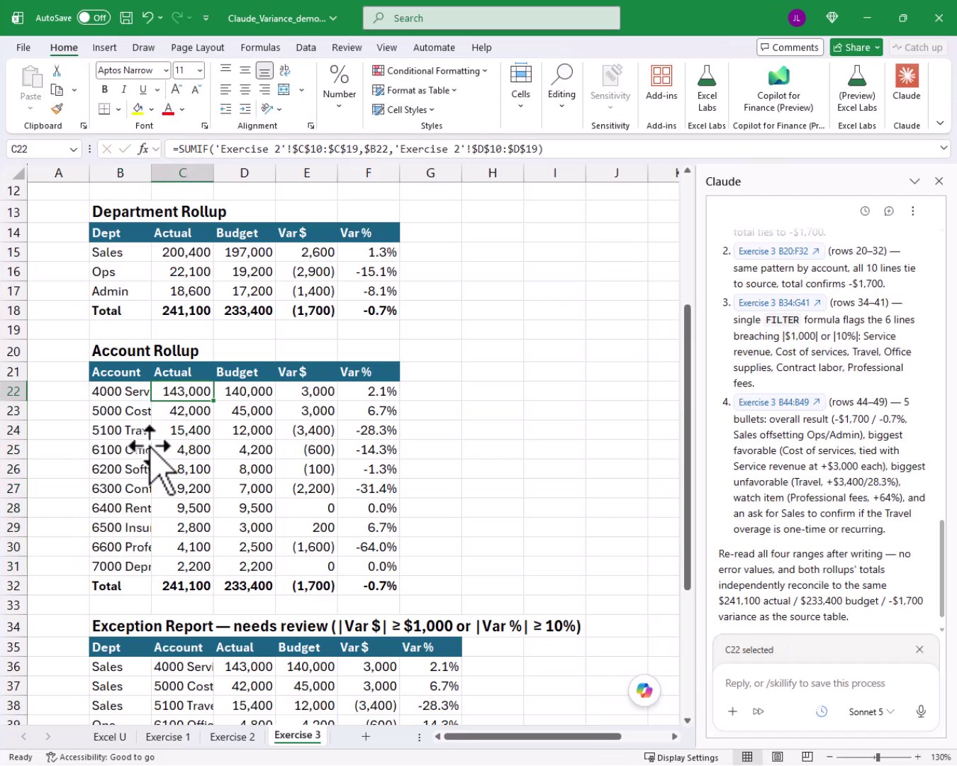 Exercise 3 worksheet scrolled to show the Account Rollup table listing all 10 accounts with Actual, Budget, Var $, and Var % columns driven by SUMIFS formulas.