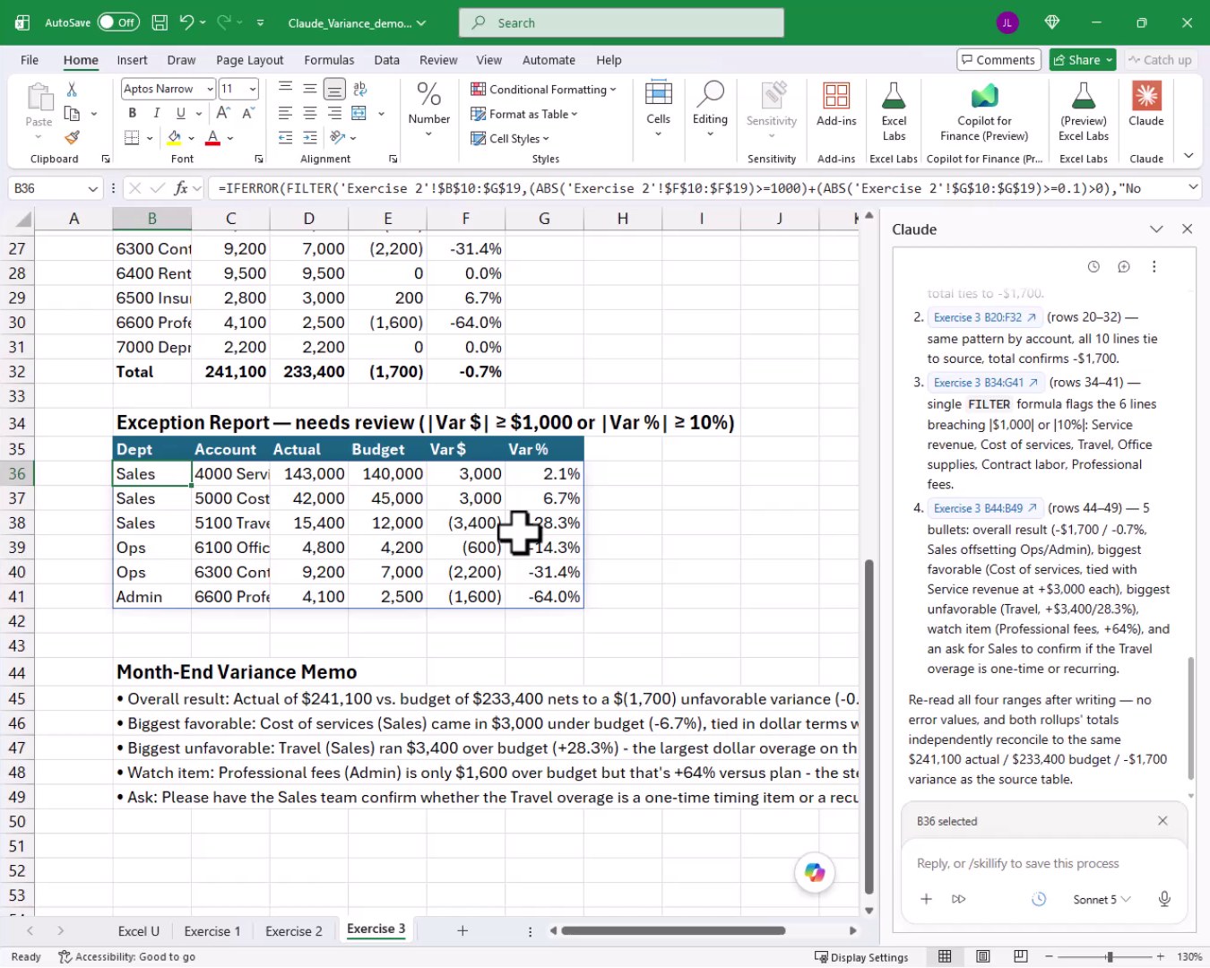 Exercise 3 worksheet showing the Exception Report table with 6 rows flagged for variances exceeding ,000 or 10%, and the Month-End Variance Memo bullet points visible below.