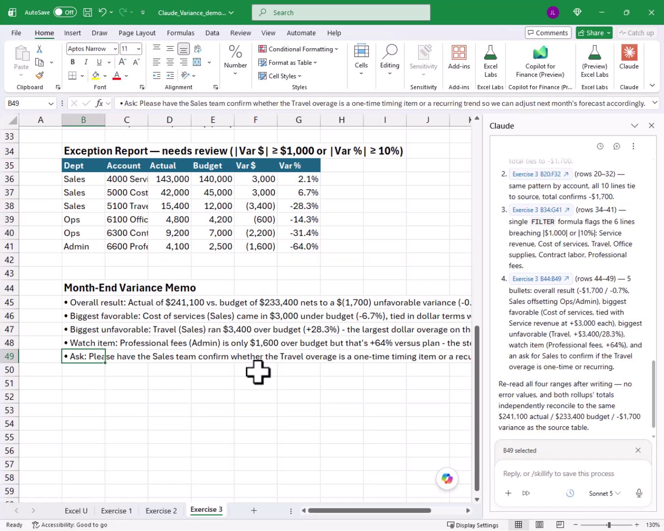 Exercise 3 worksheet scrolled to show the Month-End Variance Memo section with five bullet points covering overall result, biggest favorable, biggest unfavorable, watch item, and a follow-up ask.
