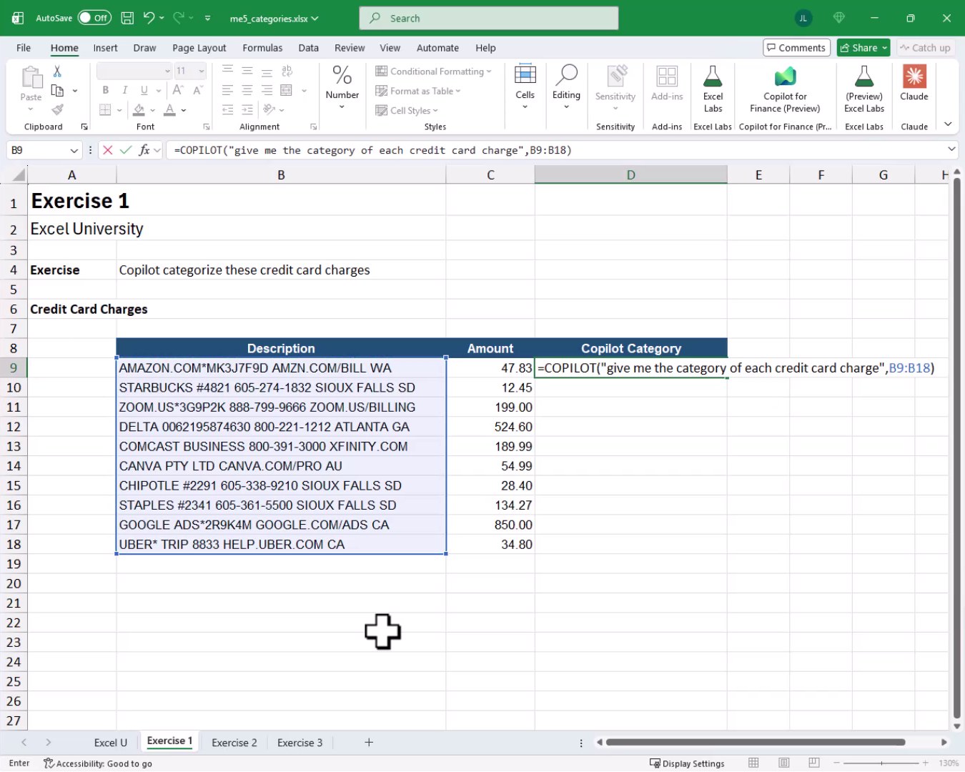 COPILOT formula in the formula bar with the prompt text and a reference to the description range B9:B18.