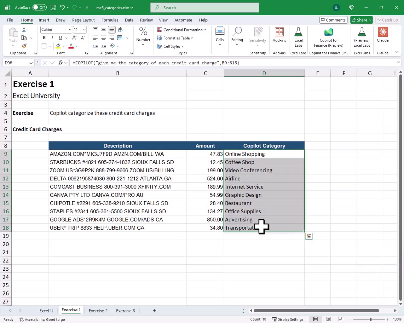 Exercise 1 results showing Copilot-generated categories like Online Shopping, Coffee Shop, and Transportation for each charge.