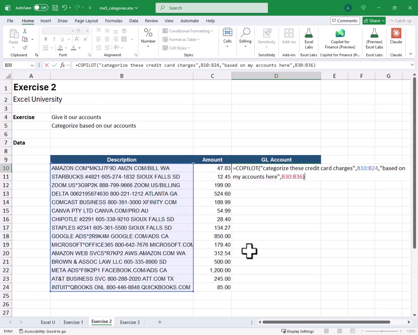 COPILOT formula in the formula bar referencing both the charge descriptions in B10:B24 and the accounts list in B30:B36.
