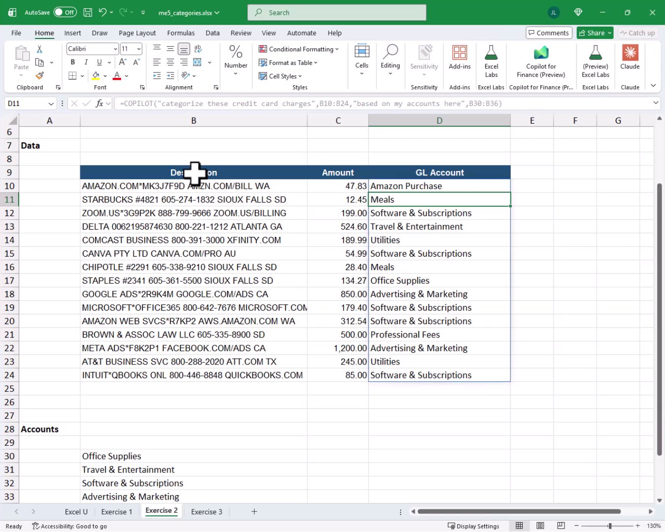 Exercise 2 results showing all credit card charges mapped to internal GL accounts like Meals, Software and Subscriptions, and Professional Fees.