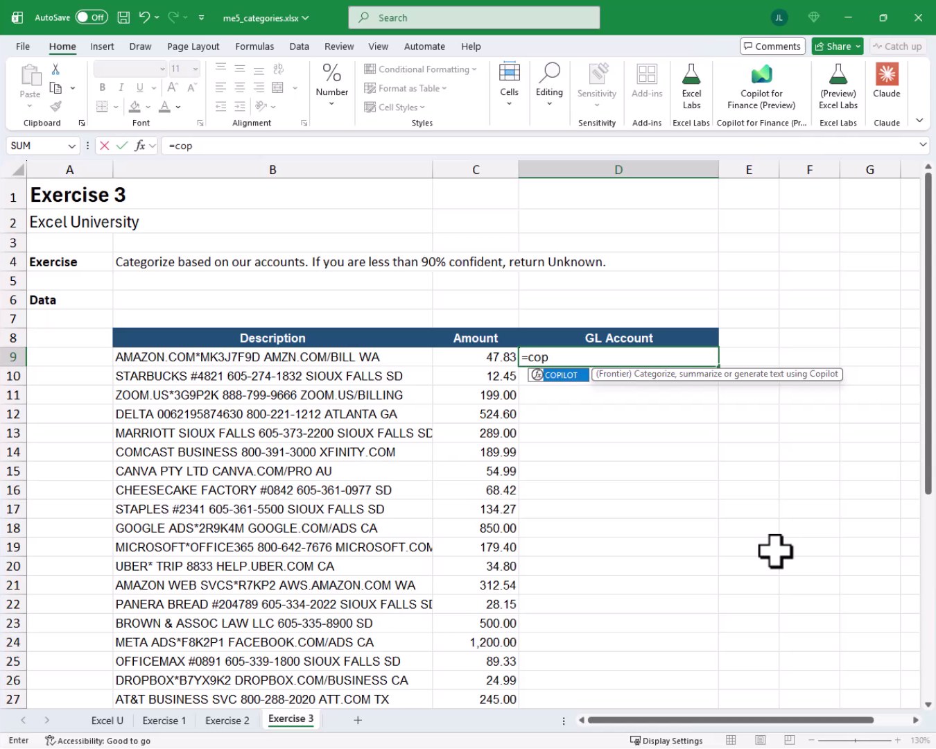 Exercise 3 worksheet with the exercise goal shown in row 4: categorize based on accounts and return Unknown if confidence is below 90%.