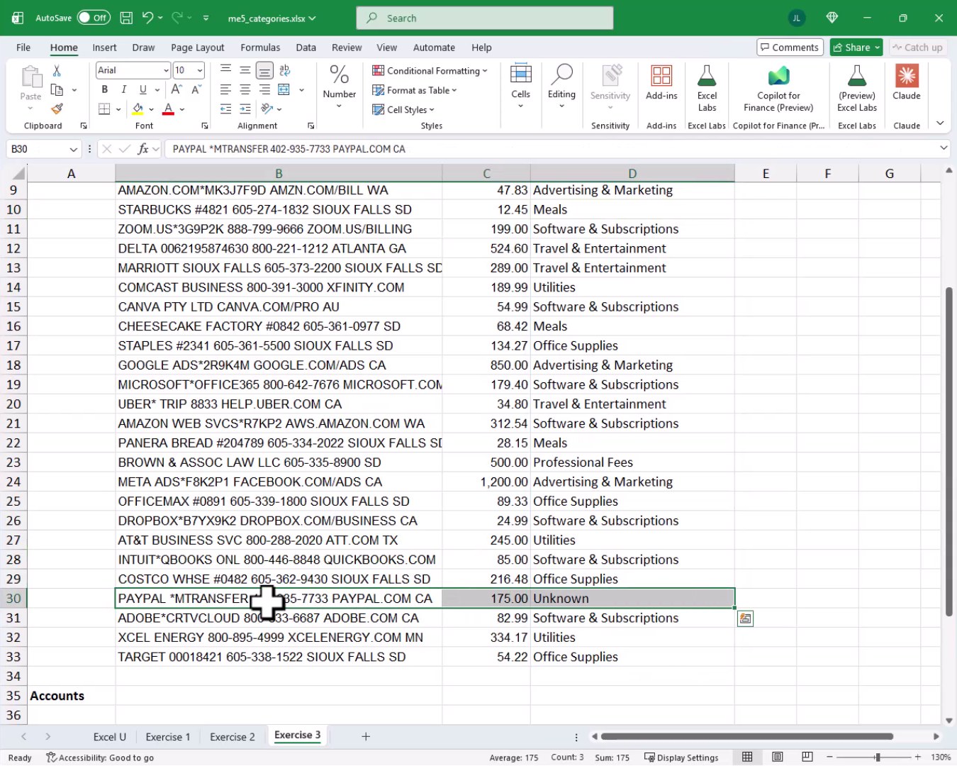 Exercise 3 results with most charges categorized to GL accounts and one row showing Unknown for PAYPAL MTRANSFER.