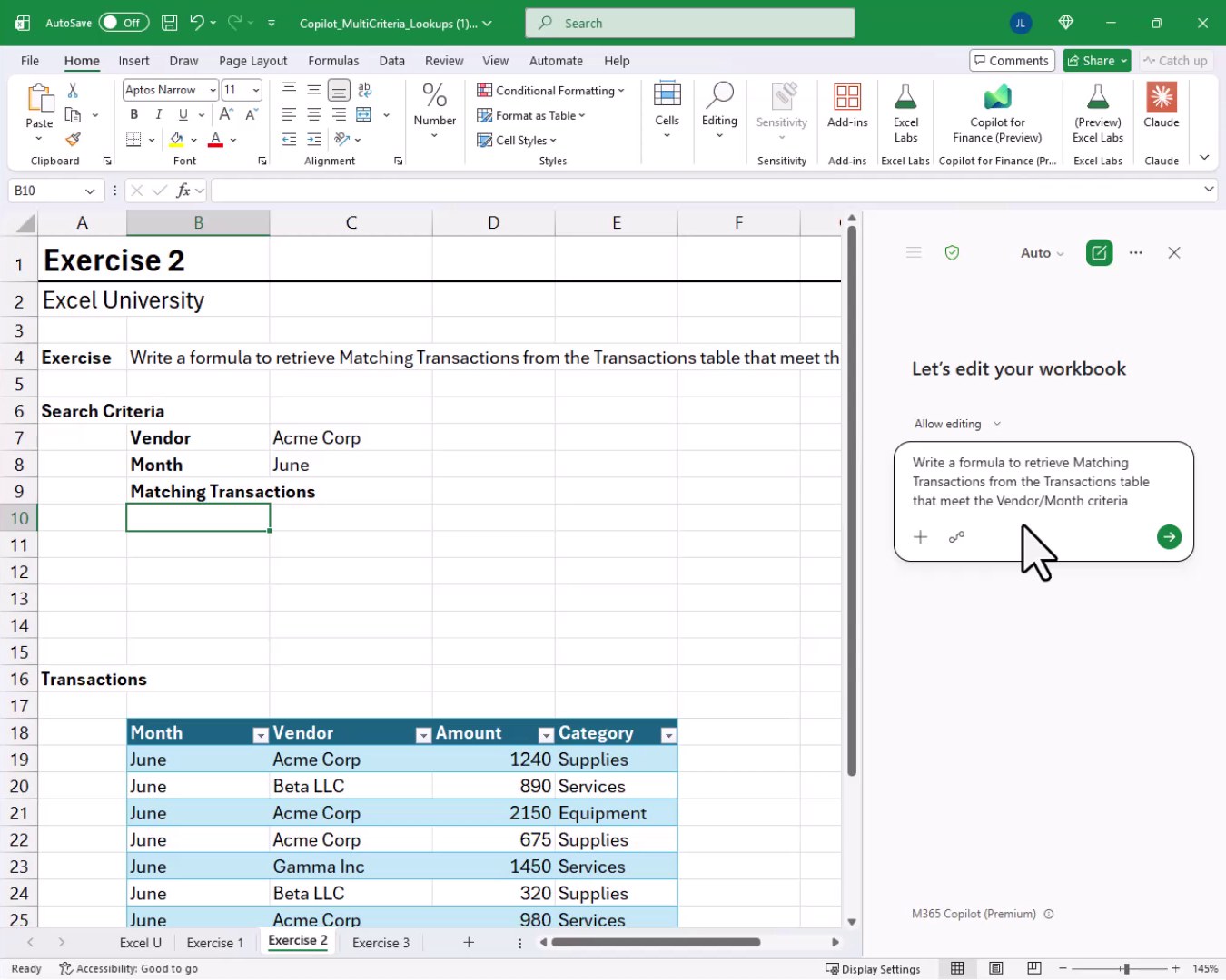 Copilot pane showing the prompt asking for a formula to retrieve matching transactions based on Vendor and Month criteria, with cell B10 selected.