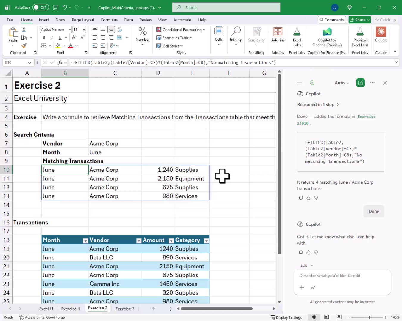 Exercise 2 worksheet with four matching transactions for Acme Corp in June spilled into rows 10 through 13, showing Month, Vendor, Amount, and Category columns.