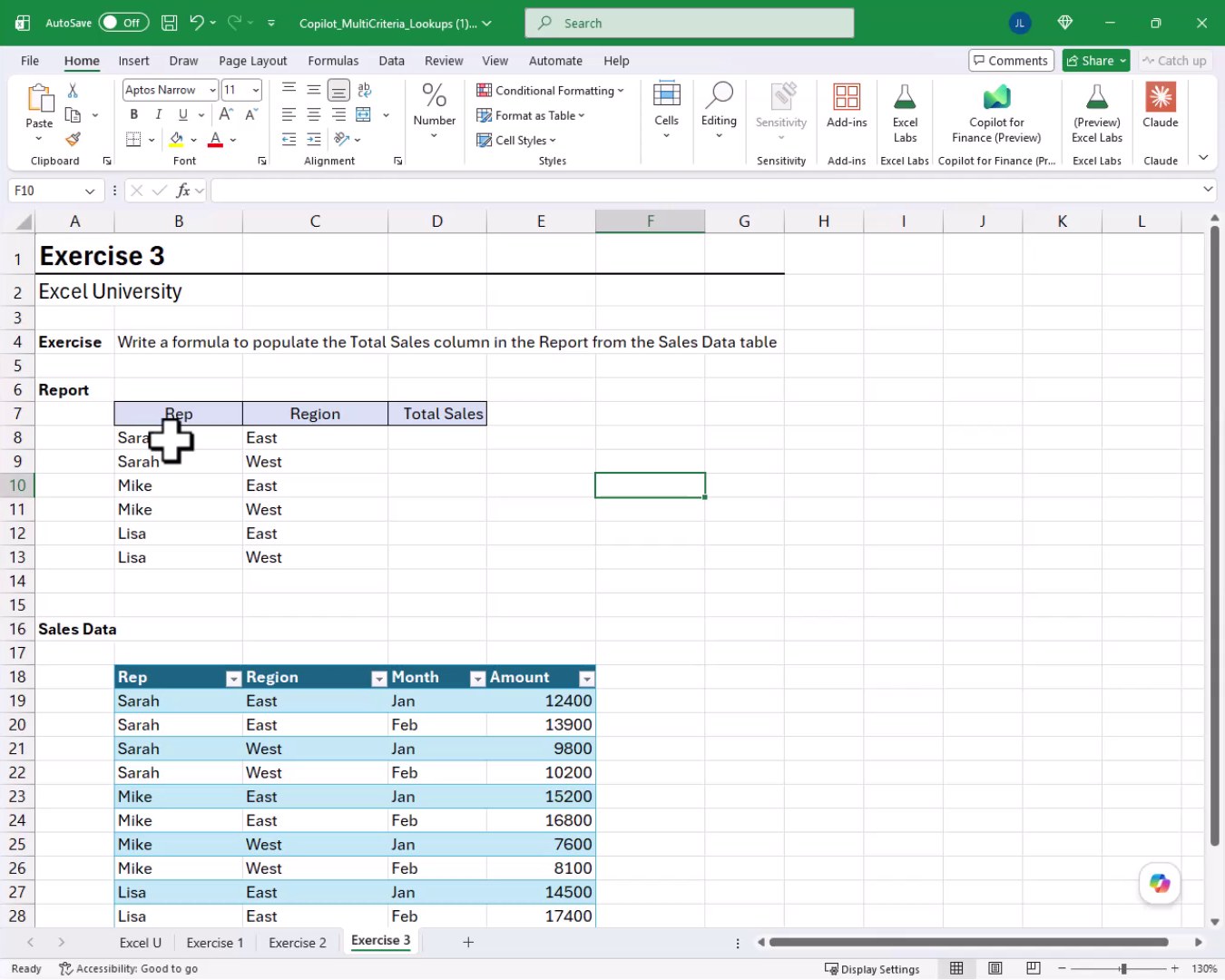 Exercise 3 worksheet showing a Report table with Rep, Region, and blank Total Sales columns, and a Sales Data table below with Rep, Region, Month, and Amount columns.