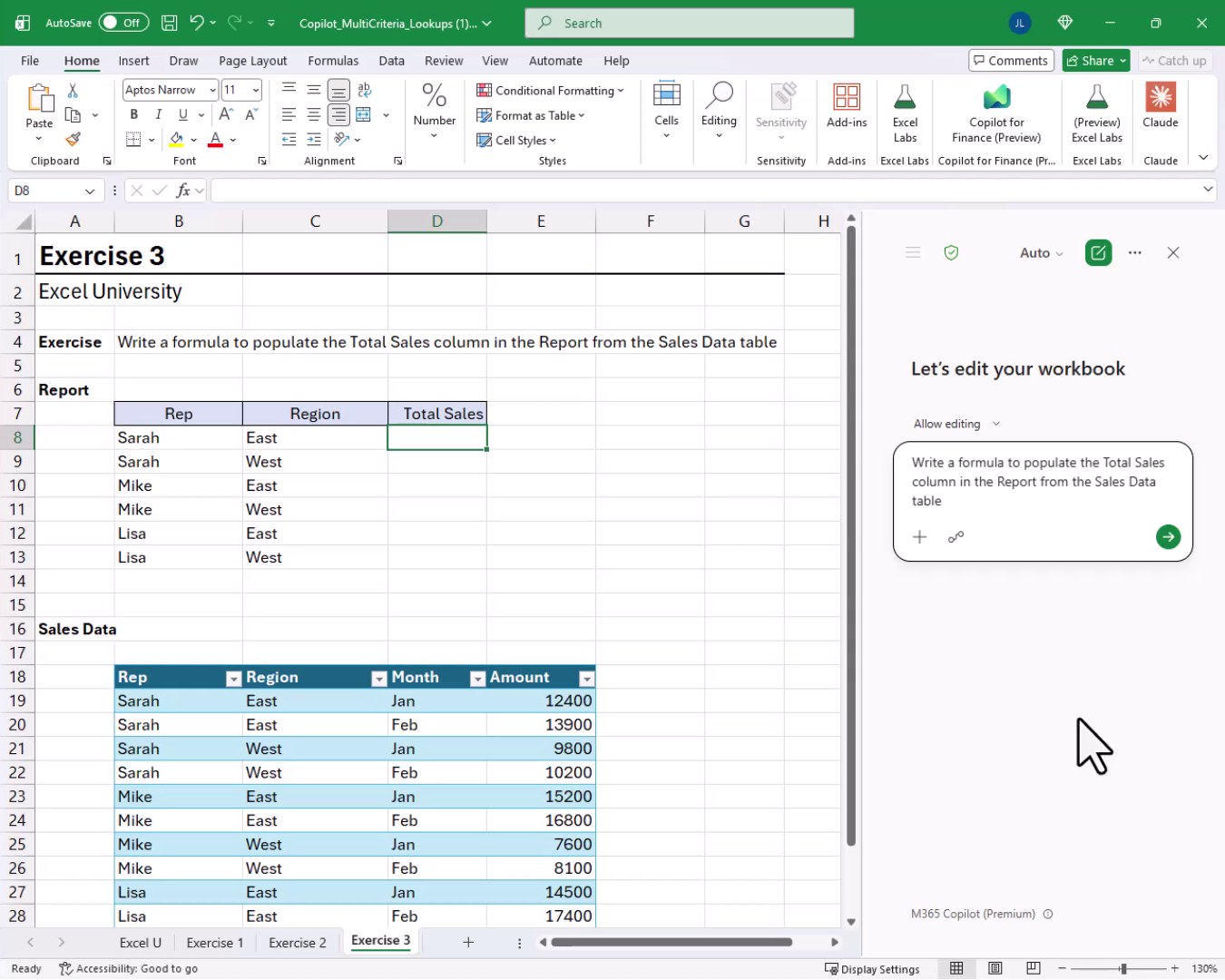 Copilot pane open with the prompt asking to populate the Total Sales column in the Report from the Sales Data table, with the Report table visible on the left.