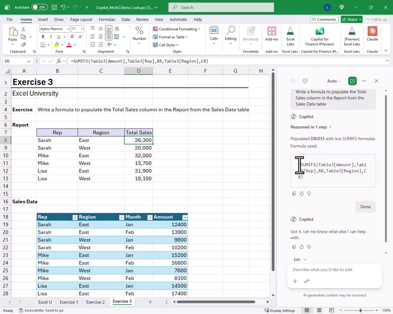 Exercise 3 Report table fully populated with Total Sales values for each Rep and Region combination, with Copilot confirming the SUMIFS formula was applied to D8:D13.