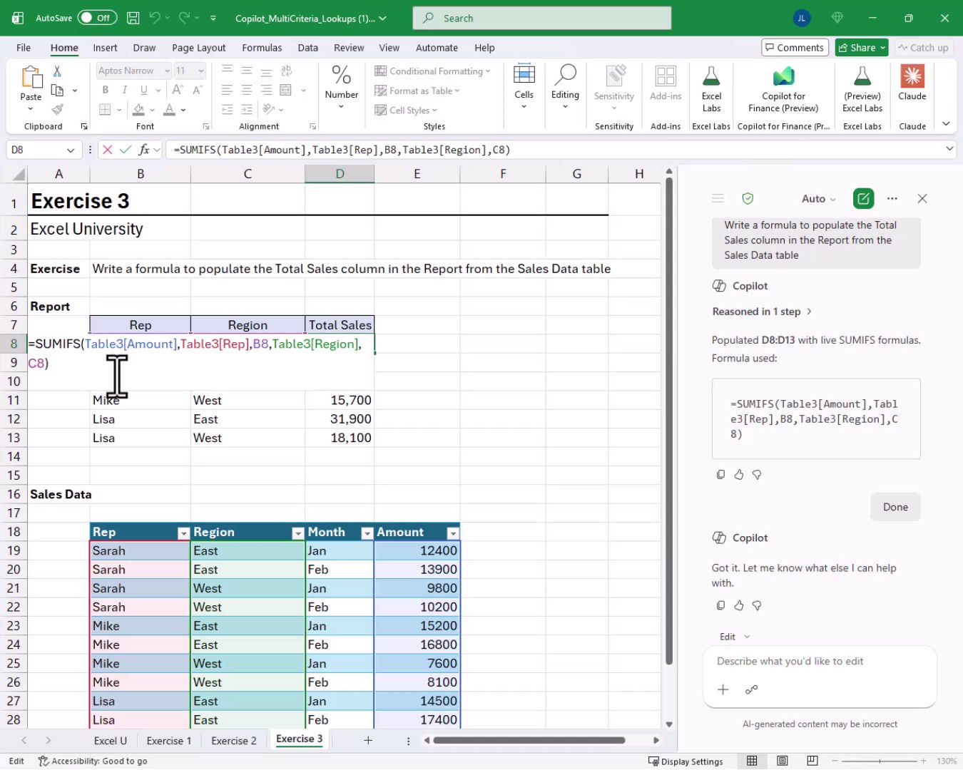 Close-up of the SUMIFS formula in the formula bar referencing Table3 columns for Amount, Rep, and Region with row-specific cell references B8 and C8.