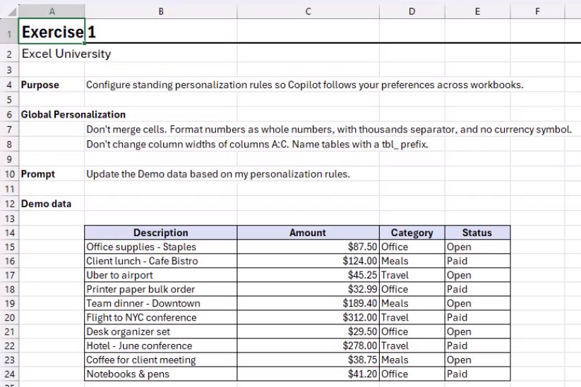 Exercise 1 worksheet showing raw office expense data with Description, Amount, Category, and Status columns before any formatting is applied.