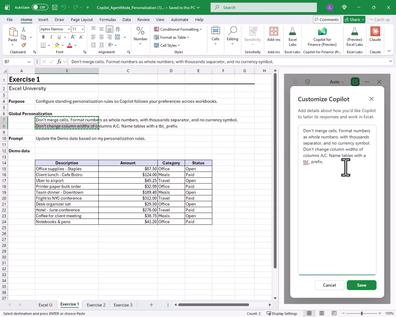 The Customize Copilot dialog box open in Excel with global personalization instructions typed into the text field, including rules about number formatting, cell merging, and table naming.