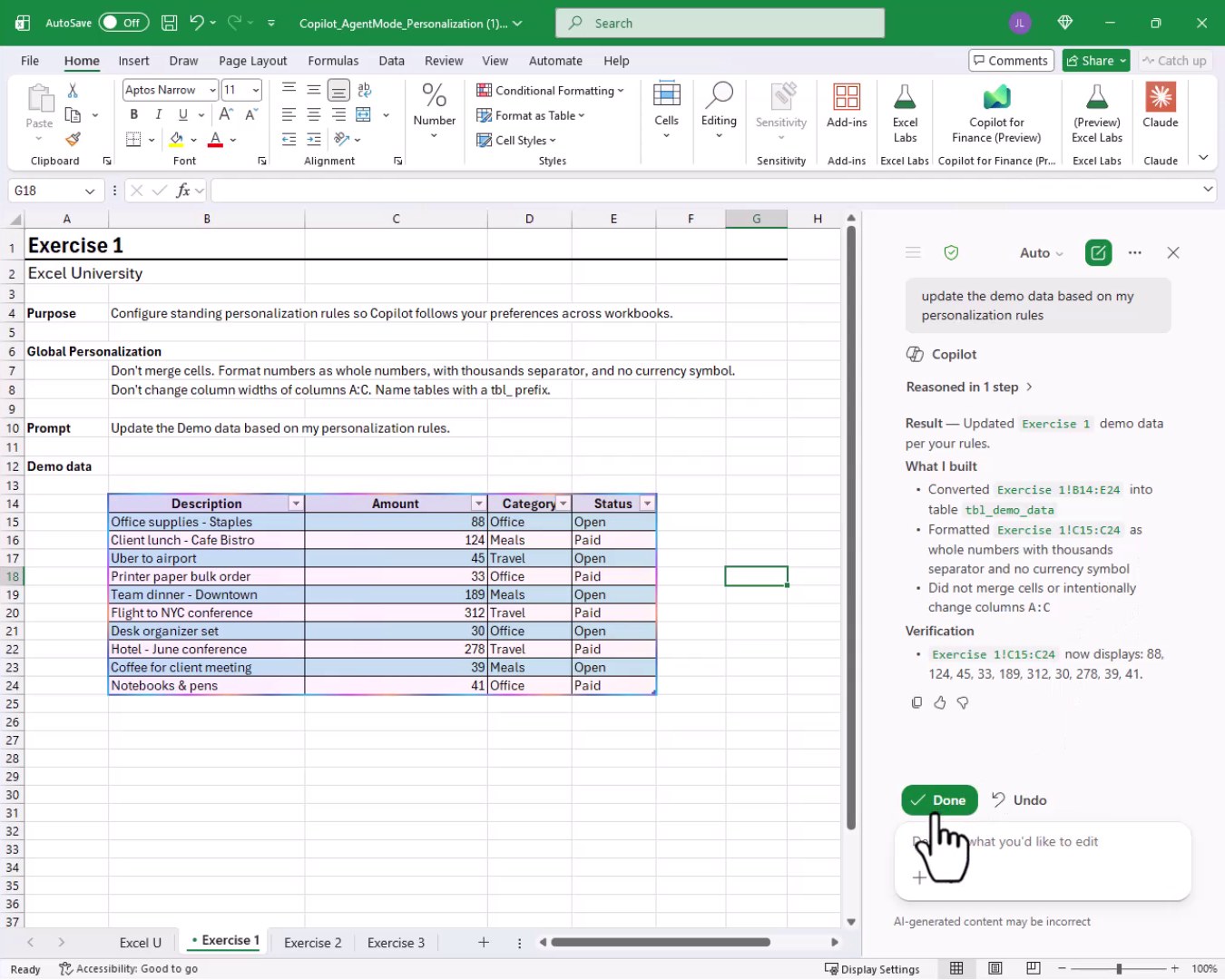 Copilot results panel showing the demo data converted to an Excel Table named tbl_demo_data with amounts formatted as whole numbers and no currency symbol, with a summary of what was built.
