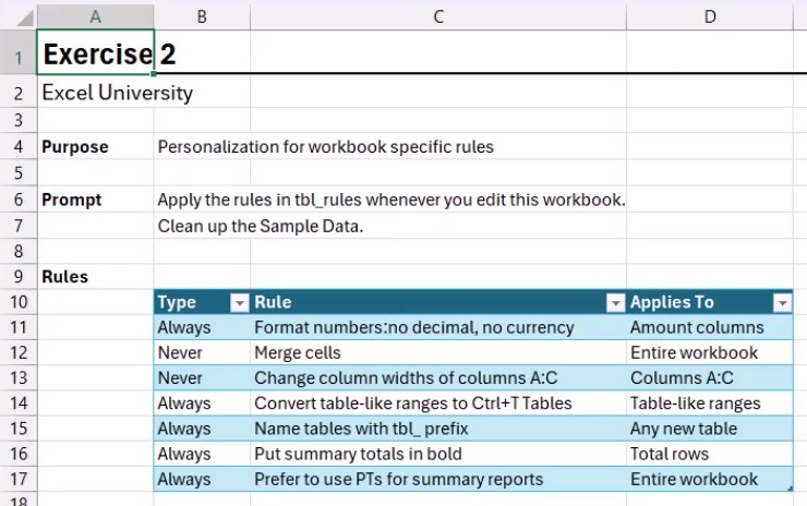 Exercise 2 worksheet showing the tbl_rules table with columns for Type, Rule, and Applies To, listing rules like always format numbers with no decimal and never merge cells.