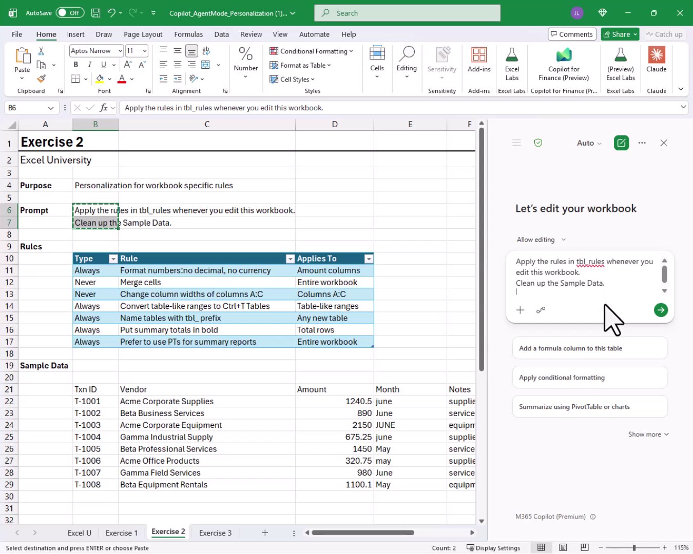 Copilot pane in Exercise 2 showing the prompt referencing tbl_rules and asking Copilot to clean up the Sample Data, with the rules table and messy sample data visible in the background.