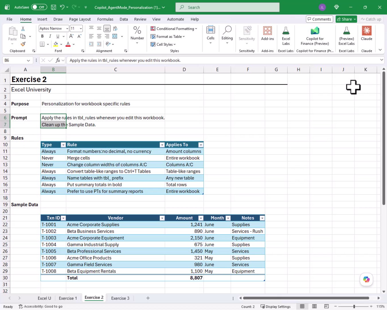 Exercise 2 worksheet after Copilot processing, showing the sample data cleaned and formatted as a proper Excel Table with standardized capitalization, whole number amounts with thousands separator, and a bold Total row showing 8,807.