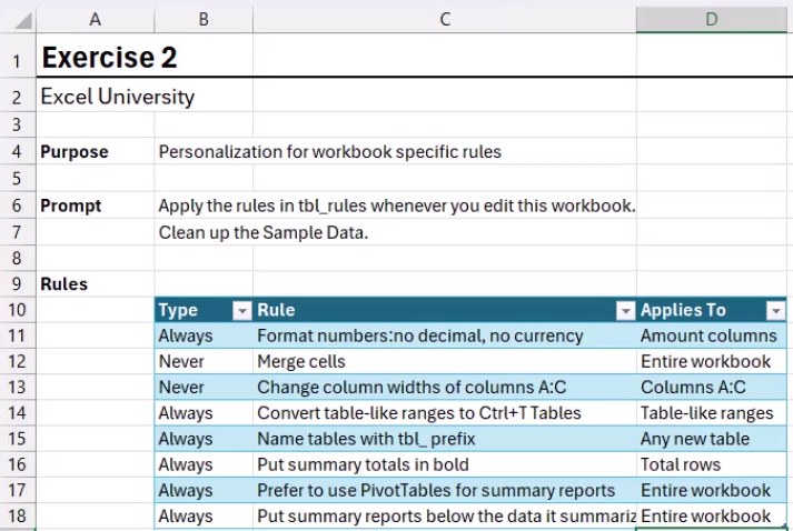 The updated tbl_rules table on the Exercise 2 sheet showing a revised rule to always use PivotTables for summary reports and a new rule to place summary reports below the data they summarize.