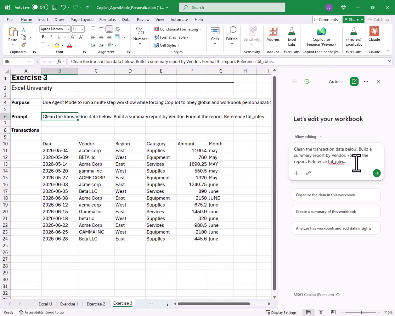 The Copilot pane on the Exercise 3 worksheet showing the multi-step prompt to clean transaction data, build a vendor summary report, and reference tbl_rules, with raw data visible in the background.