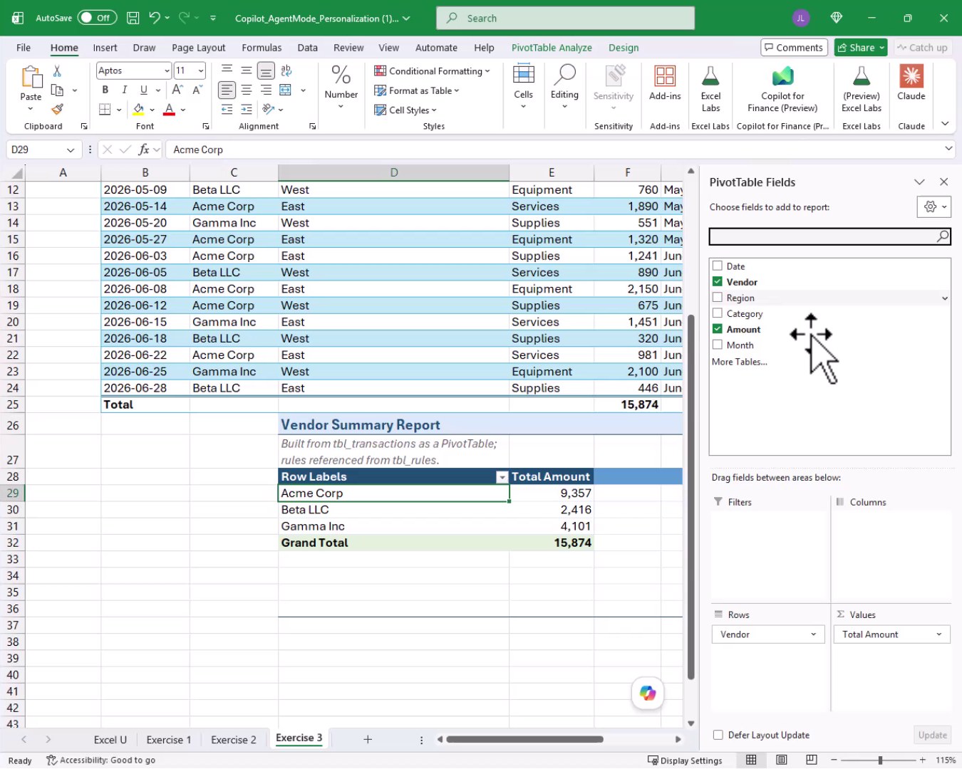 Exercise 3 final result showing the transaction data converted to a formatted Excel Table with a PivotTable Vendor Summary Report placed directly below the data, summarizing totals for Acme Corp, Beta LLC, and Gamma Inc with a Grand Total of 15,874.