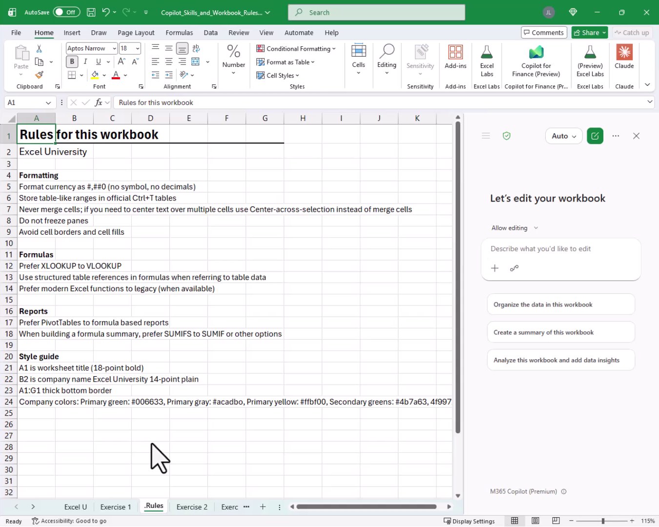 The .rules worksheet showing workbook-scoped instructions in column A covering formatting, formulas, reports, and a style guide.