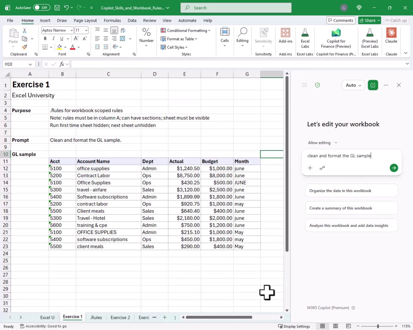 Exercise 1 worksheet with the Copilot pane open showing the prompt 'clean and format the GL sample' typed in the chat box.