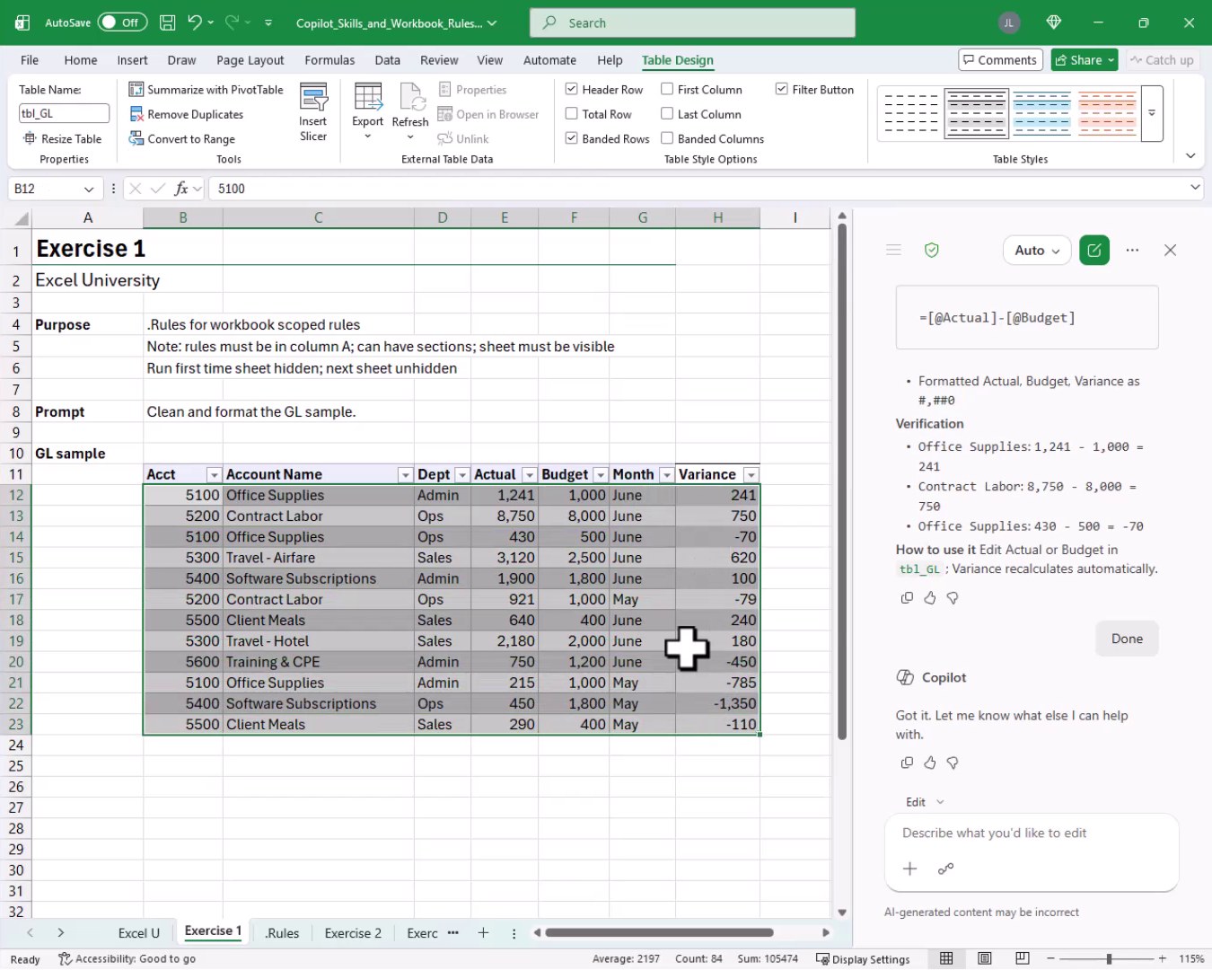 Exercise 1 worksheet after Copilot processing, showing a formatted table named tbl_GL with standardized account names, a Variance column, and numbers formatted as #,##0.